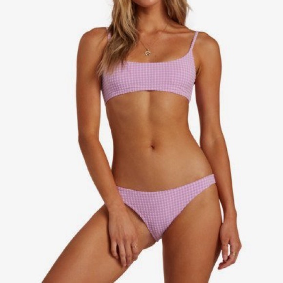 Billabong 💜 Lilac Check Print Textured Lowrider Bikini Bottoms - Picture 3 of 9